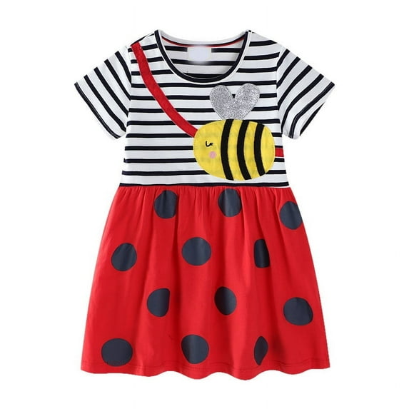 Emy Dola 2-7T Toddler Girls Cotton Dress Short Sleeve Cartoon Graphic A-Line Dresses for Little Kids - 1Pcs Bees