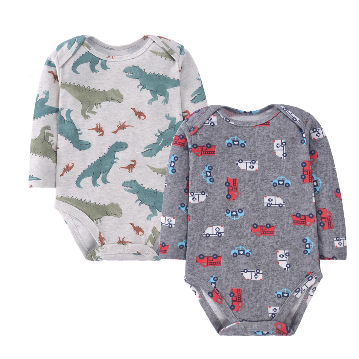 Emy Dola 2-Pack Infant Baby Boys Long-Sleeve Bodysuit 100% Cotton Toddler Boy's Dino Truck Prints Romper Onesies 0-24M