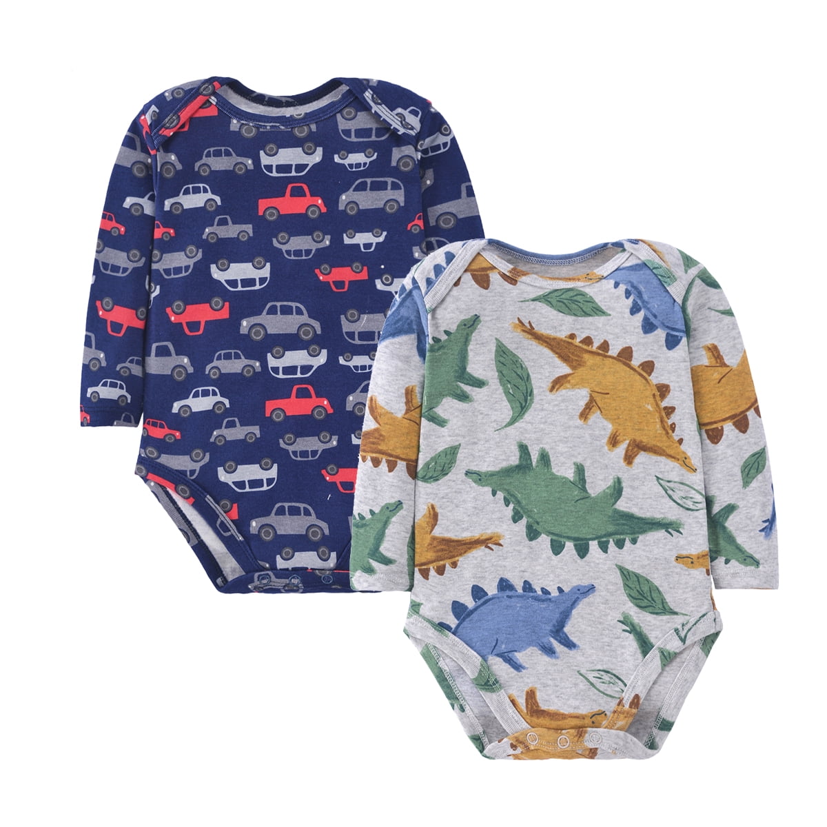 Emy Dola 2-Pack Infant Baby Boys Long-Sleeve Bodysuit 100% Cotton Toddler Boy's Dino Truck Prints Romper Onesies 0-24M