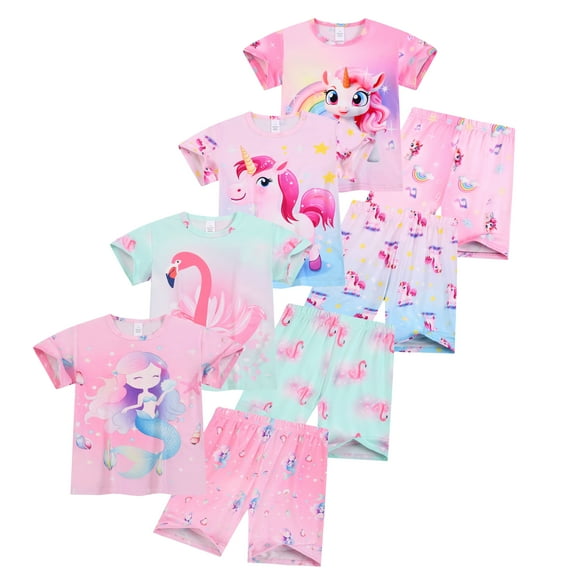 Emy Dola 2 Pcs Summer Girl Mermaids Pajamas Set Unicorn Cartoon Sleepwear for Kids Short Sleeve Jammies Pjs Shorts Set 3-8 Years