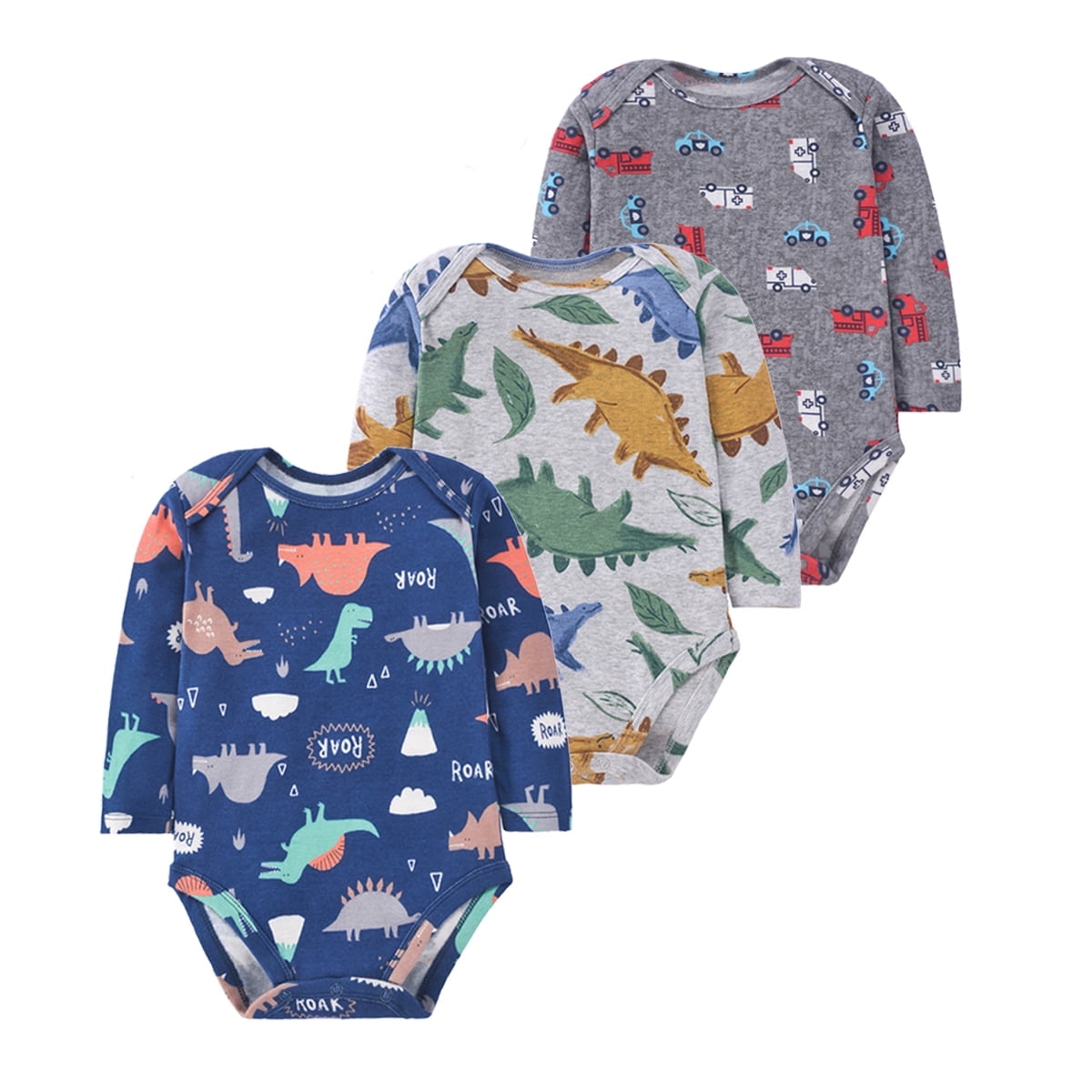 Emy Dola 3-Pack Infant Baby Boys Long-Sleeve Bodysuit 100% Cotton Toddler Boy's Dino Truck Prints Romper Onesies 0-24M