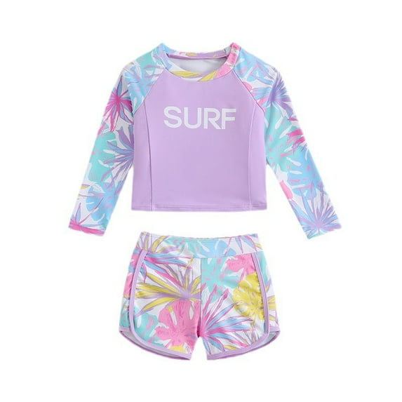 Emy Dola 4-7T Girls Rashguard 2 Pieces Long Sleeve Swimsuit Swimwear with Shorts Toddler 2-pieces Bathing Suit Beachwear