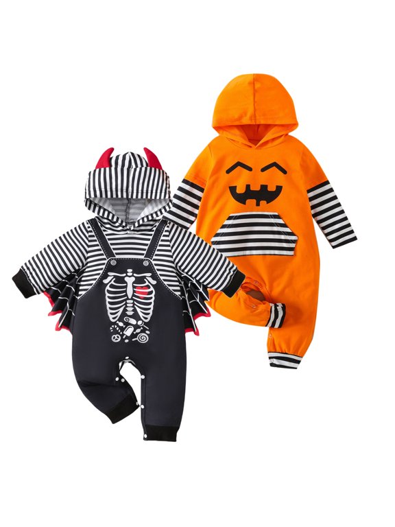 Baby Bat Halloween Jumpsuit Boy Girls Striped Skeleton Hoodied Outfits My First Halloween Clothes for 0-24 Months Newborn Infant