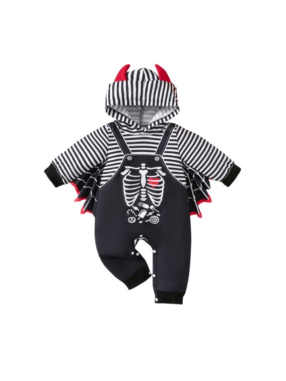 Baby Bat Halloween Jumpsuit Boy Girls Striped Skeleton Hoodied Outfits My First Halloween Clothes for 0-24 Months Newborn Infant