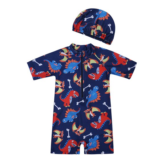 Emy Dola Baby Boy Swimsuit with Hat Toddler Short Sleeve One Piece Bathing Suit Kids UPF 50 Zipper Rash Guard Swimwear 0-8T