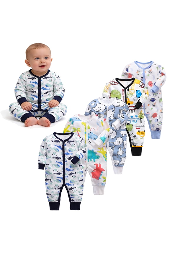 Baby Boys Long Sleeve Romper Jumpsuit Button Snap Up Infant One-piece Bodysuit Dinosaur Truck Prints Newborn Clothes 0-24M