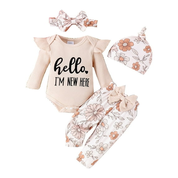 Emy Dola Baby Girl 4Pcs Clothes Set Newborn Infant Ruffle Ribbed Romper + Floral Pants + Headband + Hat Outfits for Girls