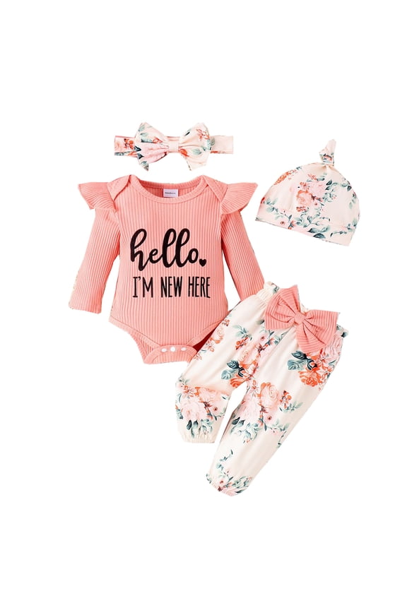 Baby Girl 4Pcs Clothes Set Newborn Infant Ruffle Ribbed Romper + Floral Pants + Headband + Hat Outfits for Girls