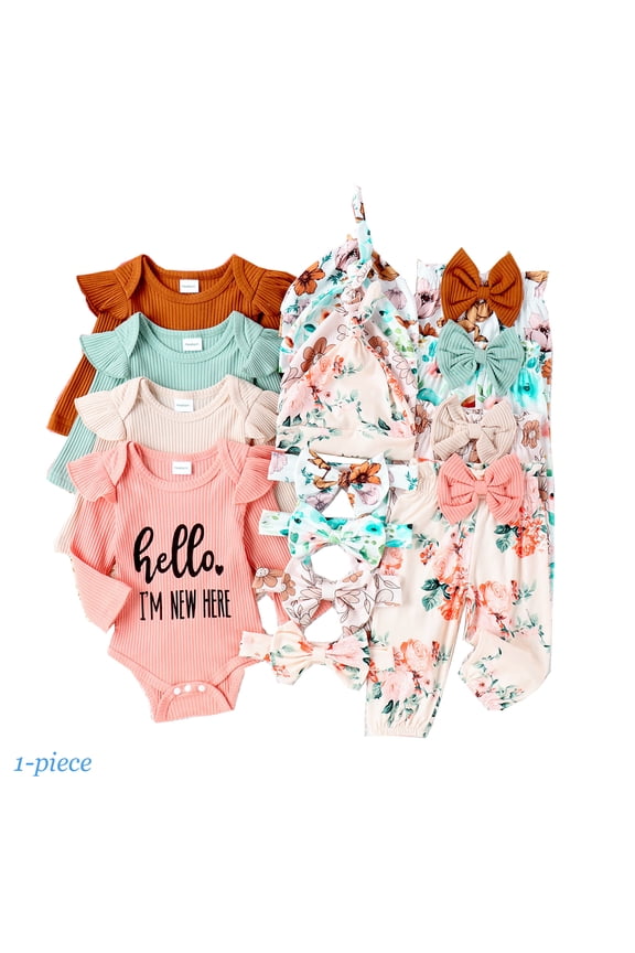 Baby Girl 4Pcs Clothes Set Newborn Infant Ruffle Ribbed Romper + Floral Pants + Headband + Hat Outfits for Girls