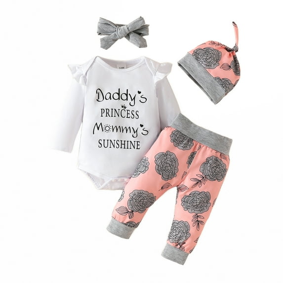 Emy Dola Baby Girl Clothes Newborn Infant Outfits Long Sleeve Ruffle Romper+ Floral Pants + Cute Headband + Rose Hat Sets for Girls