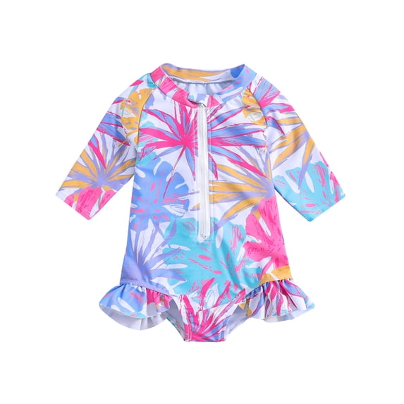 Emy Dola Baby-Girls Long Sleeve Zipper One Piece Swimsuit Floral Mermaid Rash Guard Swimwear UPF 50+ Infant Bathing Suit