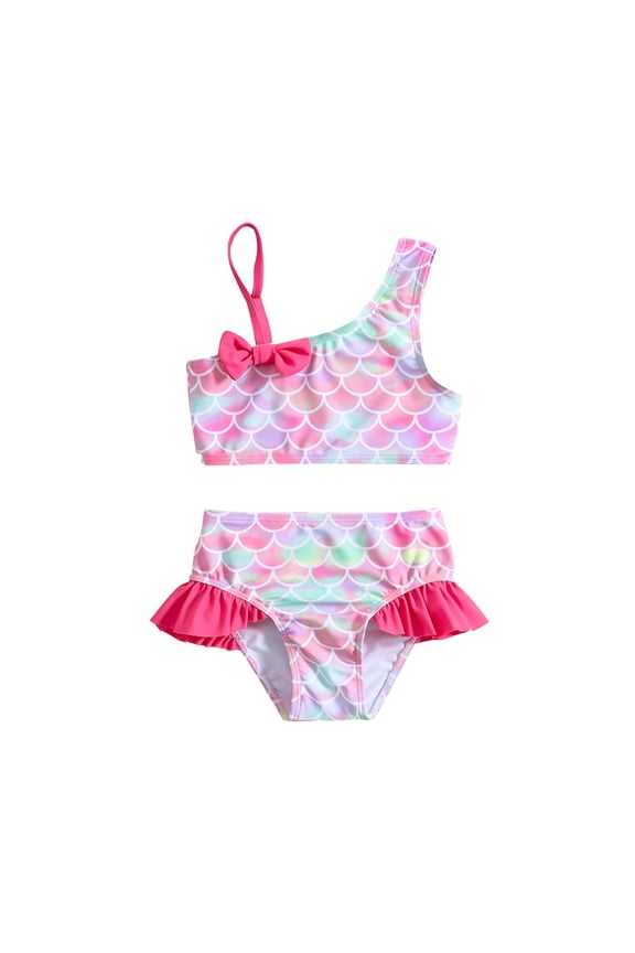 Baby Girls One Shoulder Swimsuits Toddlers Two-Piece Mermaid Bikini Sets Ruffle Rim Bathing Suit Beach Pool Swimwear