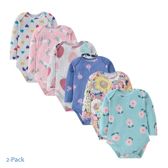 Emy Dola Baby Grils Rompers Soft Cotton Long Sleeve Bodysuit for 3-24M Newborns Toddler Cartoons 2-pack Onesie with Snap Buttons
