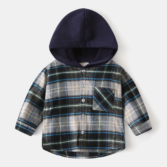 Emy Dola Boys Casual Flannel Plaid Hoodies Spring Button Down Shirts Long Sleeve Jacket Coats with Pocket