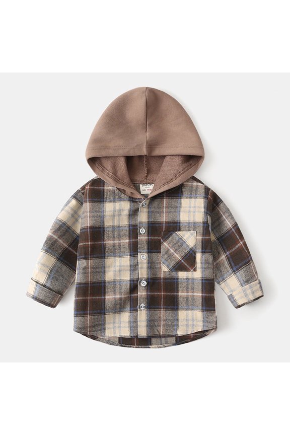 Boys Casual Flannel Plaid Hoodies Spring Button Down Shirts Long Sleeve Jacket Coats with Pocket