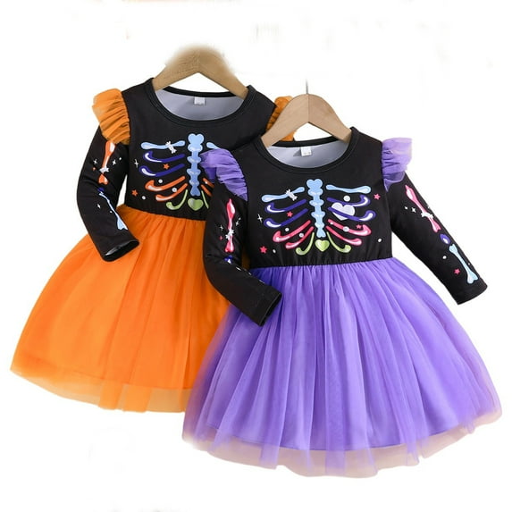 Emy Dola Colorful Skeleton Baby Girls Halloween Tutu Dress Toddler Kids Flutter Sleeve Spider Web Party Tulle Dresses