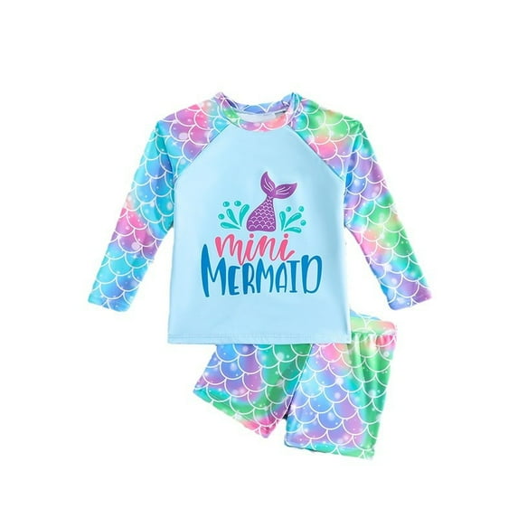 Emy Dola Girls 2 Pieces Rash Guard Swimsuit Long Sleeve Tankini Suit for 4-7 Years Toddler Kids Mermaid Bathing Suit Beachwear