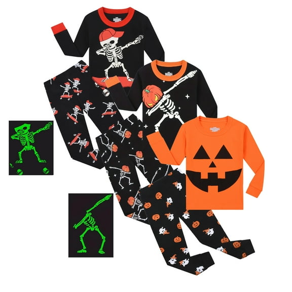 Emy Dola Halloween Little Boy Girl Glow in the Dark Sleepwear Cotton Toddler Kids 2-Pieces Pajamas Sets Skeleton Outfits-1pack
