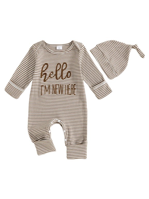 Hello I'M Here Newborn Baby Boy Fall Outfits Romper Infant Long Sleeve Jumpsuit Hat Set 2Pcs Waffle Clothes