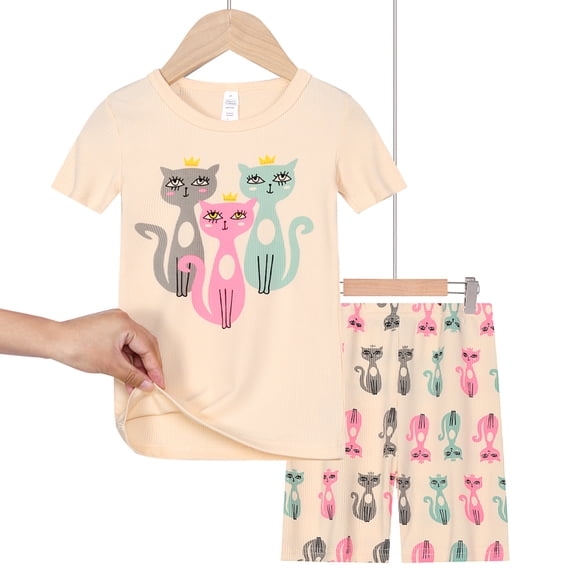 Emy Dola High Elastic Thread Girls' Short Sleeved Pajamas Set Cartoon Summer 2pcs Shorts Sleepwear Set 2-9T