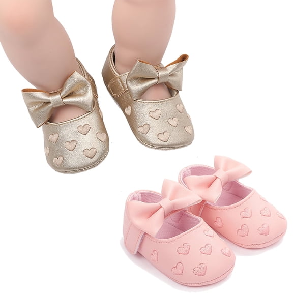 Emy Dola 2-Pairs Infant Baby Girls Mary Jane Flats Crib Shoes BowKnot Non-Slip Soft Sole Princess First Walkers Sneaker Wedding Dress Shoes
