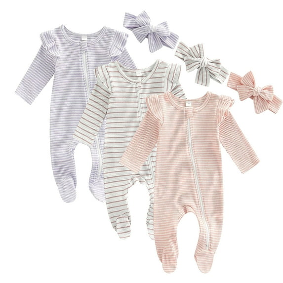Emy Dola Infant Girls Clothes Set Newborn Baby Romper Bowknot Headband Ribbed Knit Ruffle Long Sleeve Button Solid Bodysuit Jumpsuit