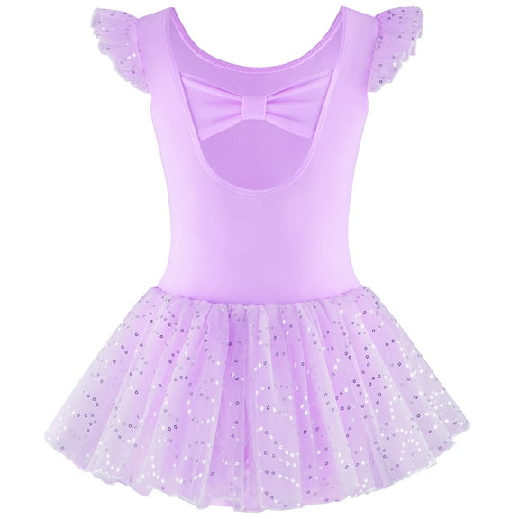 Emy Dola Kid Girls Ruffle Sleeve Ballet Skirted Leotard Shiny Dance Tutu Dresses Gymnastic Tulle Outfits