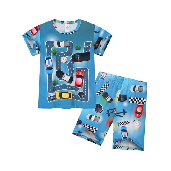 Emy Dola Little Boys Car Printed Summer Pajamas Set 2 Pcs Kids Short Sleeve PJS Set Tollder Sleepwear Jammies Shorts Set For 3-8 Years Child