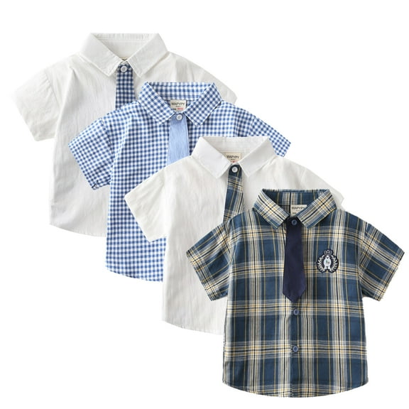 Emy Dola Little Boys Collared Button Down Shirt With Tie Set Toddler Boy School Uniform Shirt Tops Short Sleeve Plaid Blouse 2-8T