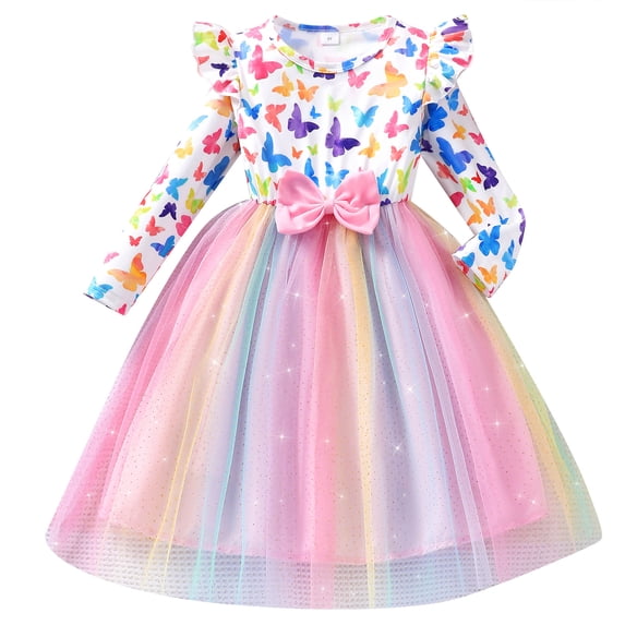 Emy Dola Little Girl's Christmas Sparkle Tulle Dress Toddler Kids Long Sleeve Butterfly Wedding Birthday Party Tutu Dresses