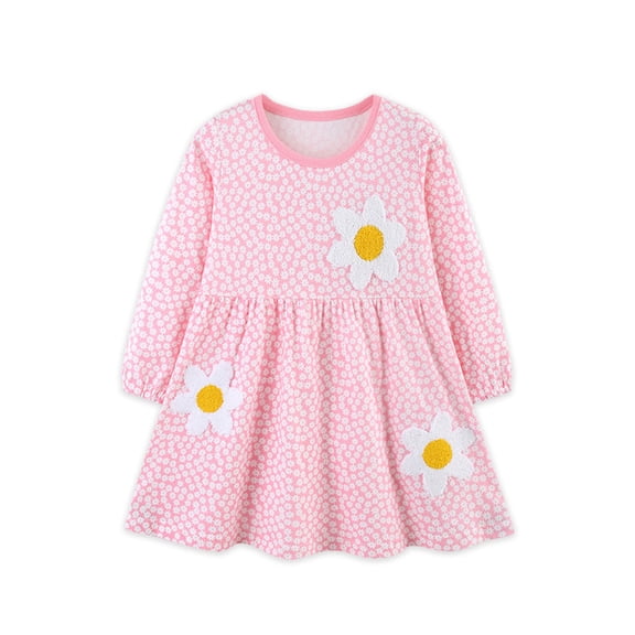 Emy Dola Little Girl's Long Sleeve Applique Dress 100% Cotton Christmas Clothes Toddler Casual Cartoons Swing Dresses 2-7T