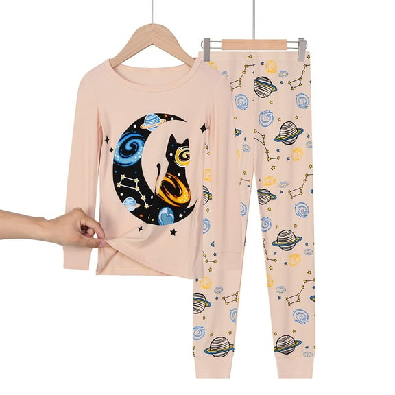 Emy Dola Little Girls Cat Print Pajamas Sets Long Sleeve Tops and Long Pants Pjs Jammie Set For 3-9 Years Toddler's Sleepwear