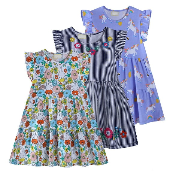 Emy Dola Little Girls Ruffle Sleeve Dress Tiered Swing A-Line Twirly Skater Dresses Kids Midi Casual Summer Sundress