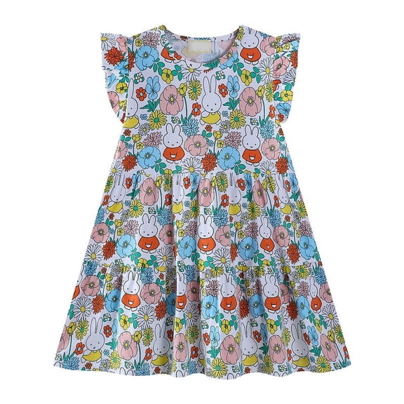 Emy Dola Little Girls Ruffle Sleeve Dress Tiered Swing A-Line Twirly Skater Dresses Kids Midi Casual Summer Sundress