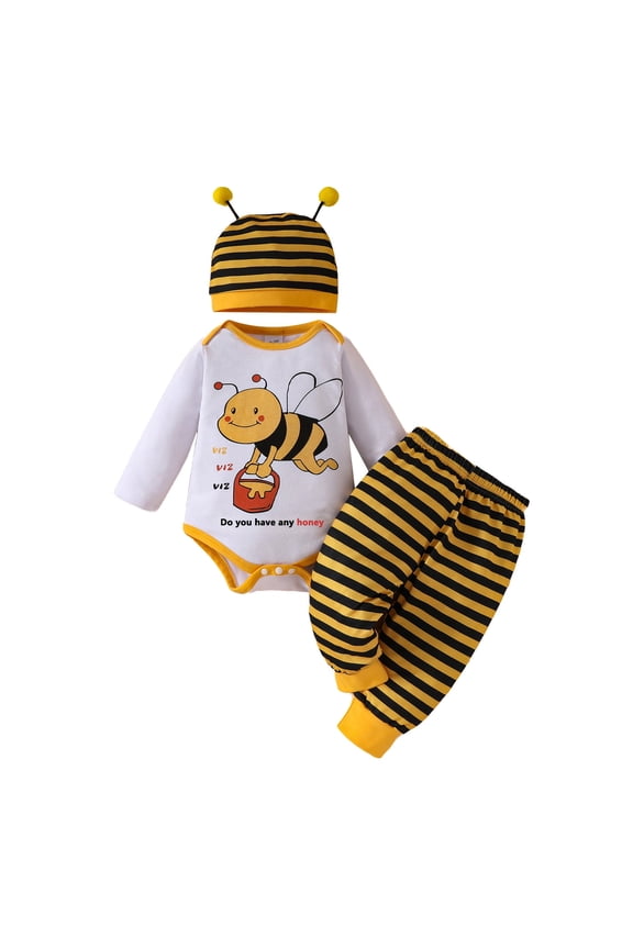 Newborn Baby Boy Clothes Animal Print Long Sleeve Romer + Pants + Hat 3 PCS Infant Outfits Set 0-28 Months-Bees