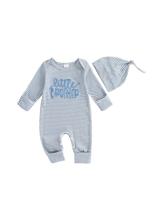 Newborn Baby Boy Fall Outfit Romper Little Brother Lil Bro Long Sleeve Jumpsuit Bodysuit Cute Infant Waffle Clothes