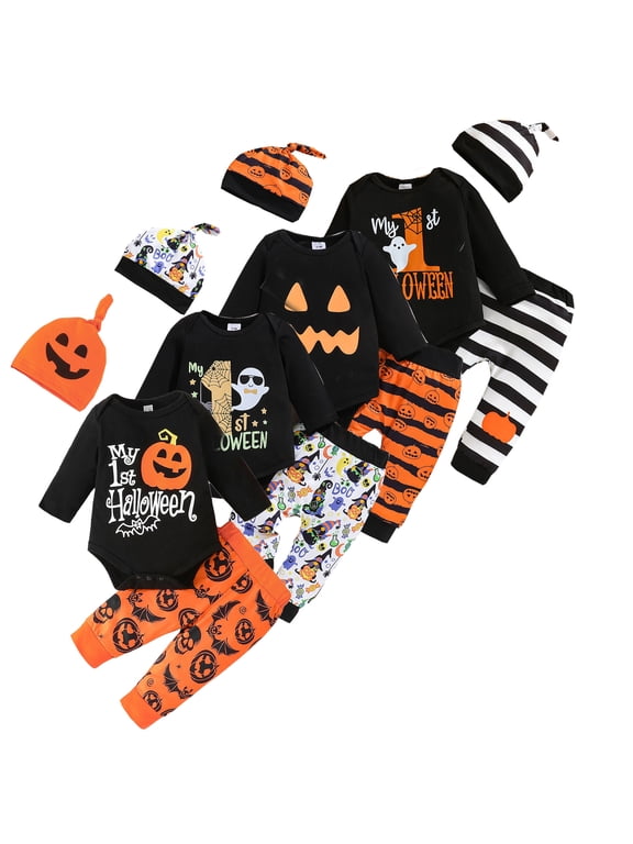 Newborn Baby Boys My First Halloween Outfits Infant Pumpkin Letter Romper+ Pants+Hat 3PCS Halloween Clothes Set