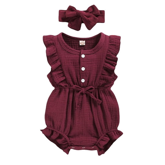Emy Dola Newborn Baby Girl Clothes Rompers Summer Cotton Linen Jumpsuits Ruffle Sleeveless One-Piece Romper With Headband For 0-18M Infant