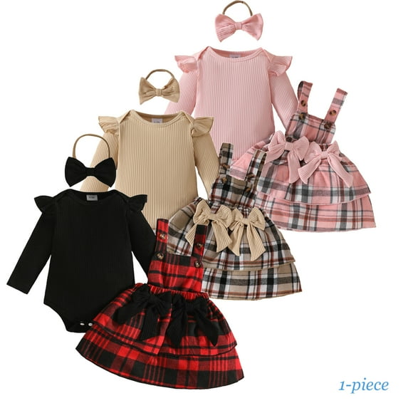Emy Dola Newborn Baby Girl Fall Winter Clothes Ruffle Long Sleeve Ribbed Romper Plaid Suspender Dress Outfits with Bowknot Headband