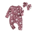 thumbnail image 1 of Emy Dola Newborn Baby Girl Floral Ruffle Romper One Piece Infant Baby Long Sleeve Knit Jumpsuit+ Headband 2Pcs Fall Winter Outfits, 1 of 8
