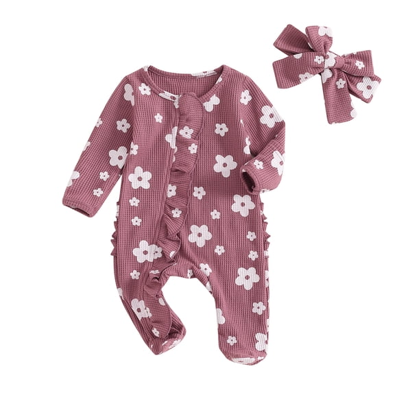 Emy Dola Newborn Baby Girl Floral Ruffle Romper One Piece Infant Baby Long Sleeve Knit Jumpsuit+ Headband 2Pcs Fall Winter Outfits