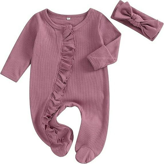 Emy Dola Newborn Baby Girl Ruffle Zip Up Romper Onesie Footies Knit Jumpsuit Infant Baby Coming Home Outfits With Headband 0-12M