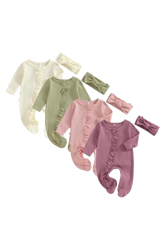 Newborn Baby Girl Ruffle Zip Up Romper Onesie&nbsp;Footies Knit Jumpsuit Infant Baby Coming Home Outfits With Headband-1 Pack