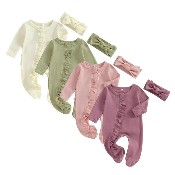 Emy Dola Newborn Baby Girl Ruffle Zip Up Romper Onesie Footies Knit Jumpsuit Infant Baby Coming Home Outfits With Headband-1 Pack