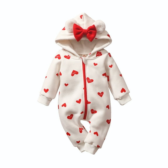 Emy Dola Newborn Baby Girls Fleece Hooded Romper Outfits Infant Love Heart Pattern Fall Winter Jumpsuit Baby First Valentine's Gift