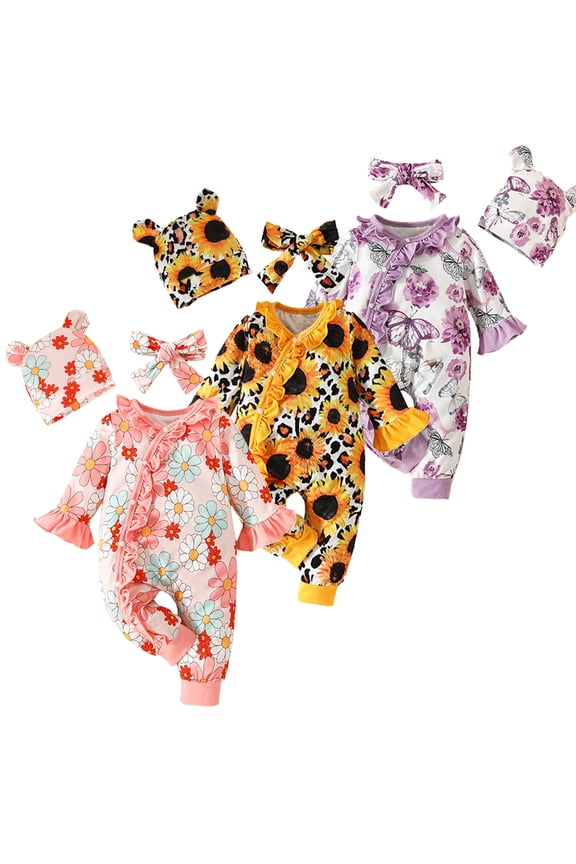 Newborn Girls Floral One-piece Outfit Baby Girl Flared Sleeves Romper Ruffles Jumpsuit+Headband+Hat 3PCS Baby Girl Coming Home Outfit