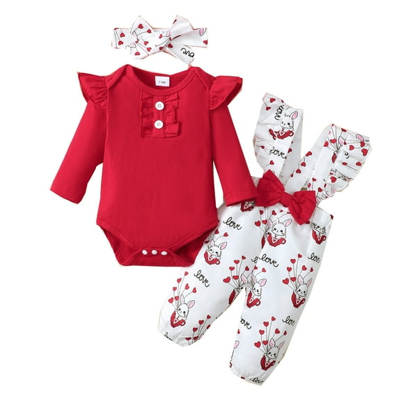 Emy Dola Newborn Infant 3pcs Outfits Baby Girls Long Sleeve Ruffle Romper Tops  Flower Suspender Pants  Headband Chothes Set