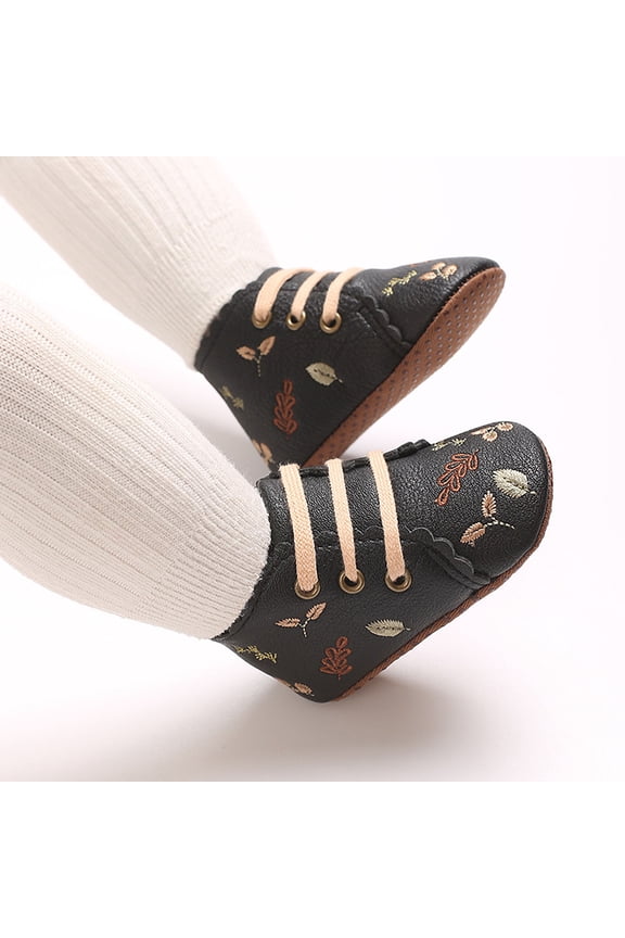 Retro Laced Baby Shoes Infant Girl Embroidery Pu Leather Sneakers Non-Slip Rubber Sole Toddler Cowgirl First Walker Crib Shoes