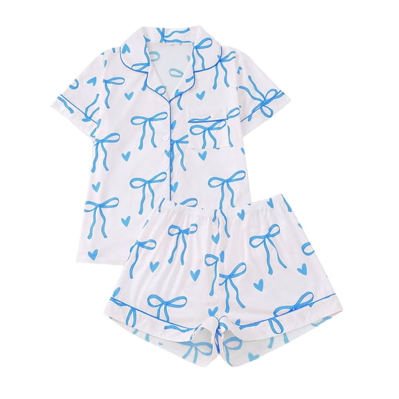 Emy Dola S-2XL Women Summer Pajamas Set Short Sleeve Button Down Loungewear Sets 2 Pieces Pjs Set Bowknot Valentine's Sleepwear