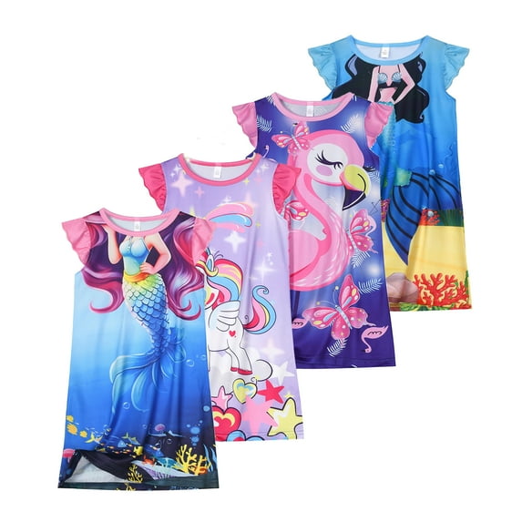 Emy Dola Summer Girls Unicorn Mermaid Nightgowns Kids Flutter Sleeve Pajamas Dress Toddler Princess Sleepwear Nightdress-1 piece